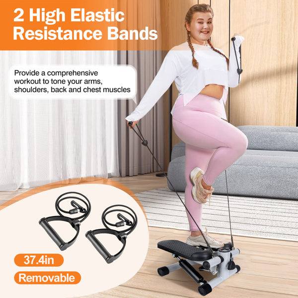 Fitness step machine with removable resistance bands, LCD monitor, compact steel design, and 150 kg weight capacity for full body home workouts