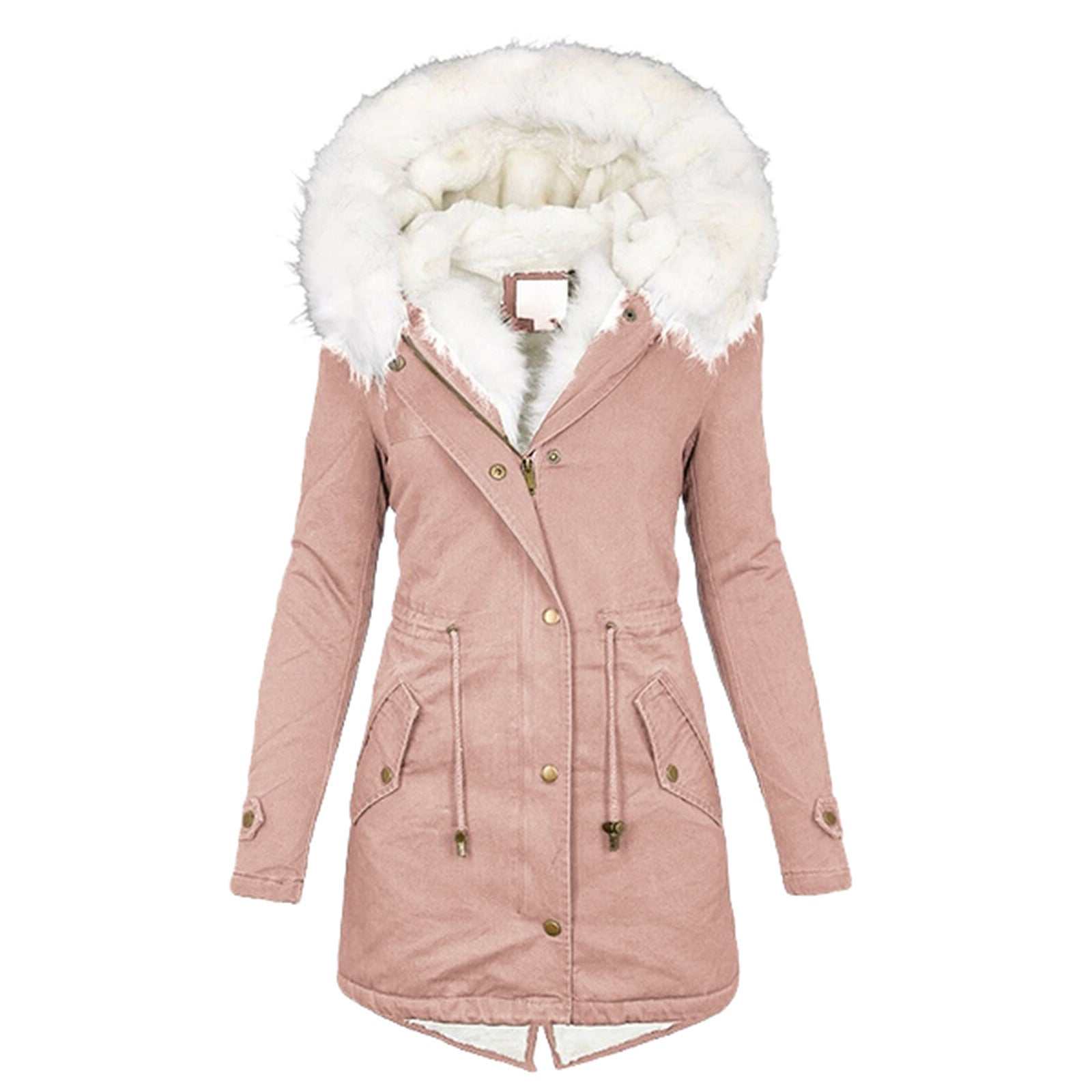 Dames katoenen jas roze met witte bontkraag en knopen voorkant
