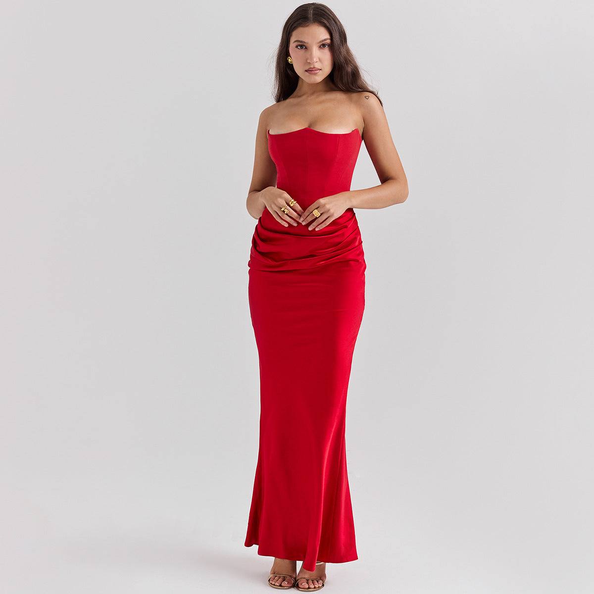Rode slanke tube top lange jurk zonder rug voor feestelijke gelegenheden vrouw modeavondjurk