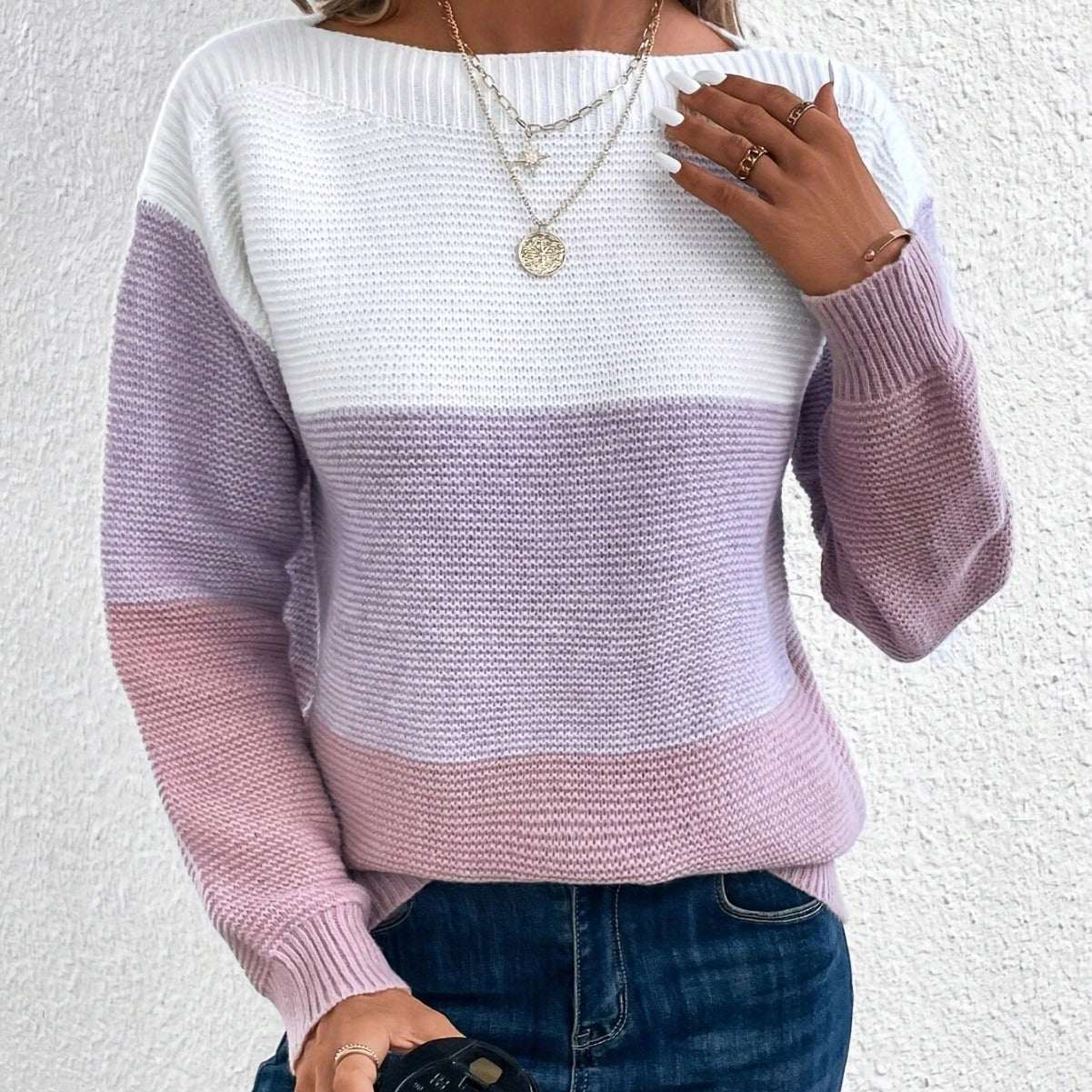 Pullover Knitted Sweater Fashion Round Neck Splicing Knitwear Loose Top Women's Clothing Nexora Store