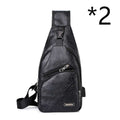 Casual black USB rechargeable men's fashion chest bag with zippered compartments and soft PU leather surface