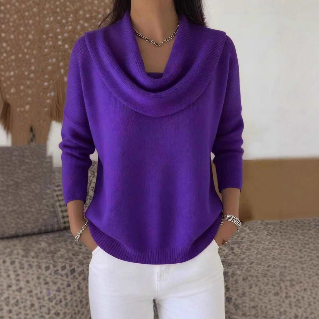 Purple long-sleeved loose fit pullover sweater with cowl neck in Japanese and Korean casual style