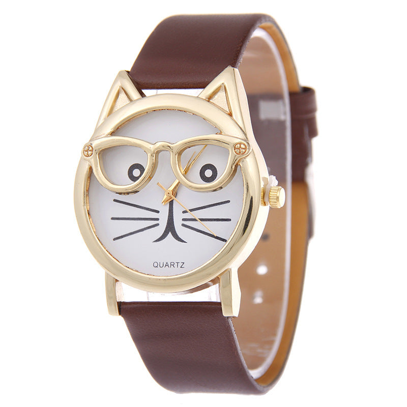 Cartoon Watch With Glasses Cat Student Belt Watch Women's Quartz Watch Gift Watch Nexora Store