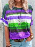 Dames T-shirt met korte mouwen en gradiëntcontrast in paars, groen en wit, losse pasvorm met ronde hals