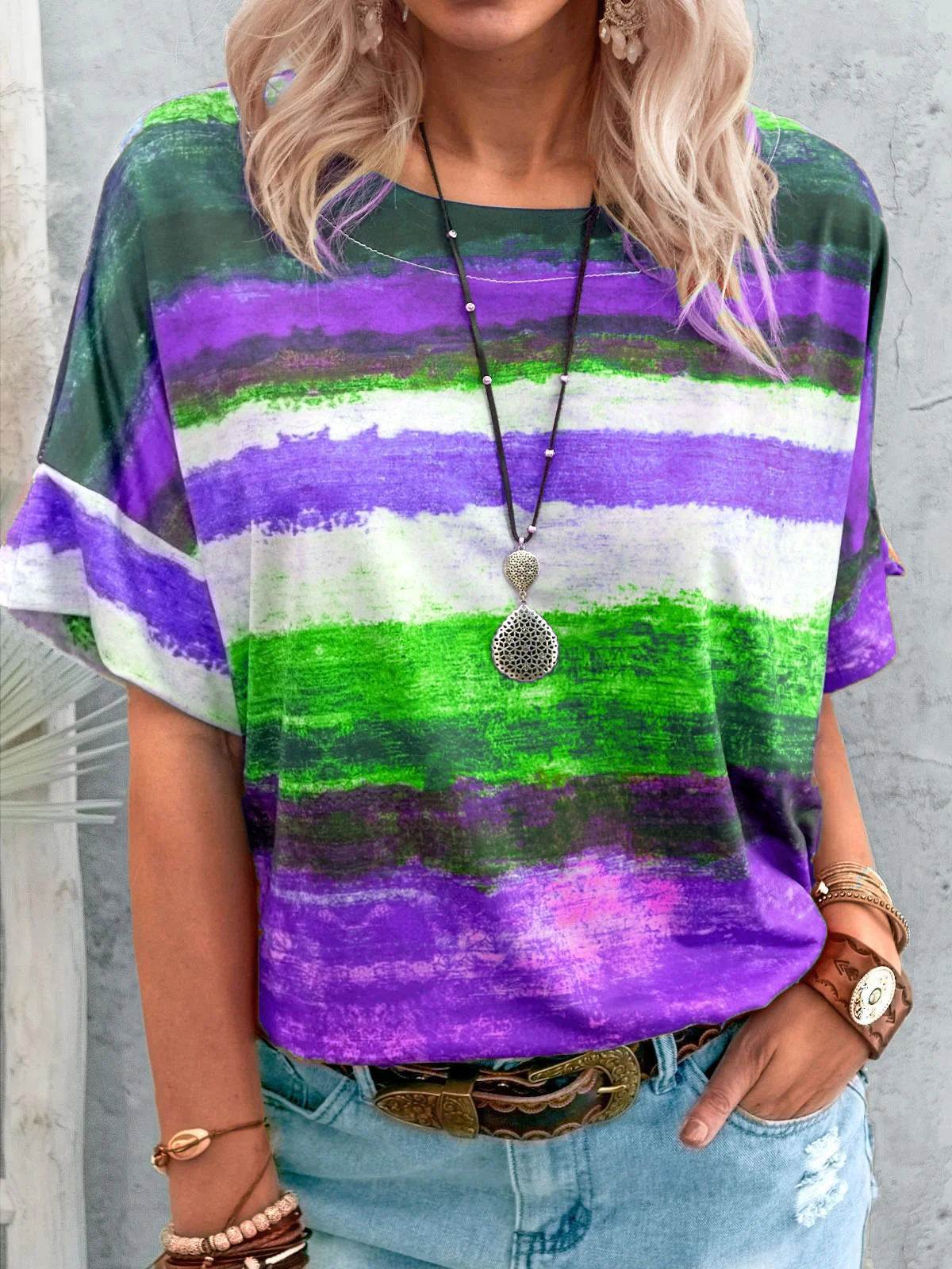 Dames T-shirt met korte mouwen en gradiëntcontrast in paars, groen en wit, losse pasvorm met ronde hals