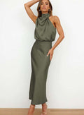 groene zomerjurk zonder mouwen elegant stijlvol model polyester stof