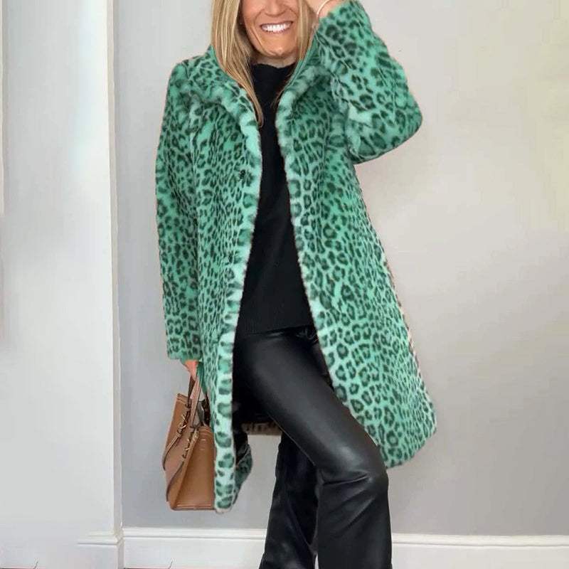 Women's Leopard Print Plush Jacket, Cozy Loose-Fit Warm Coat Elegant Medium-Length Fall Winter Outwear Nexora Store