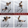 Man performing full-body exercises on adjustable Power Tower pull-up and dip stand for home fitness training