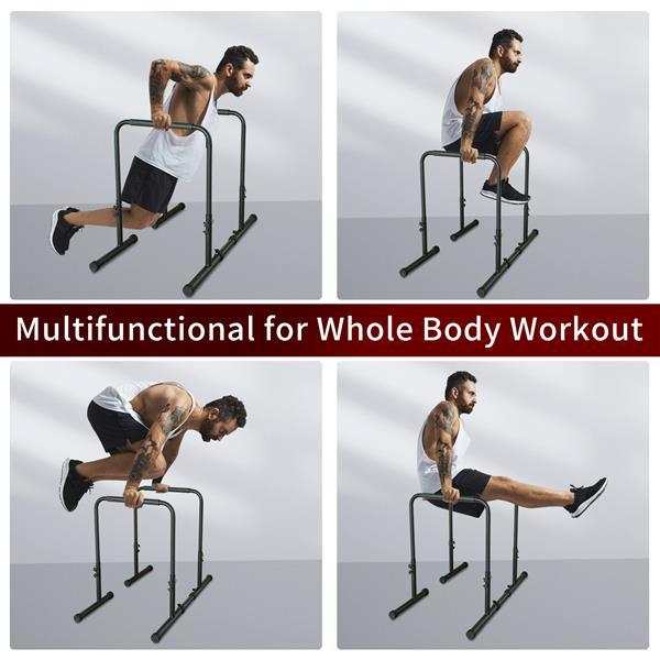Man performing full-body exercises on adjustable Power Tower pull-up and dip stand for home fitness training