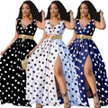 Sexy Jurken Dames lange jurk met polka dot patroon in zwart, wit en blauw met gouden tailleband en wijde rok