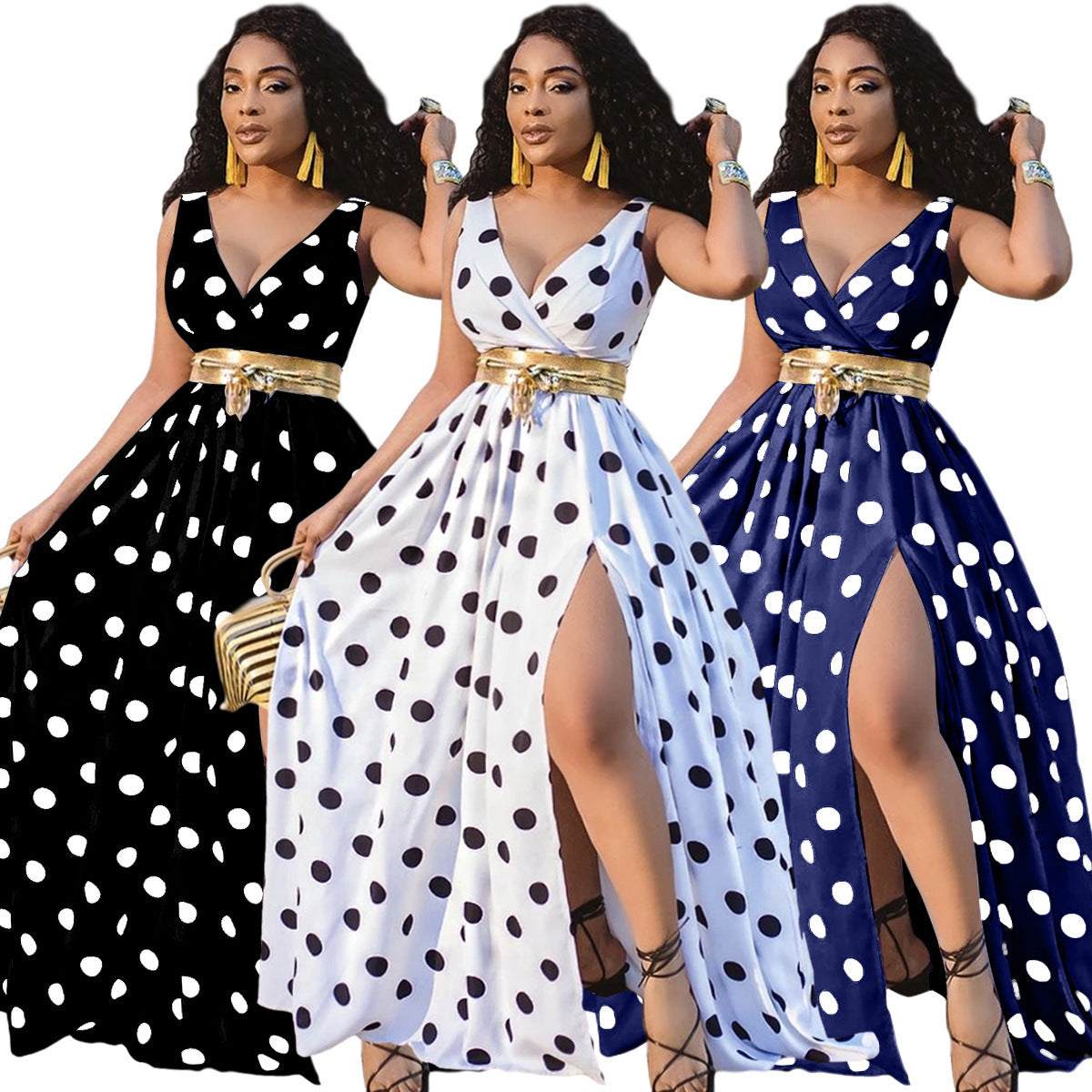 Sexy Jurken Dames lange jurk met polka dot patroon in zwart, wit en blauw met gouden tailleband en wijde rok