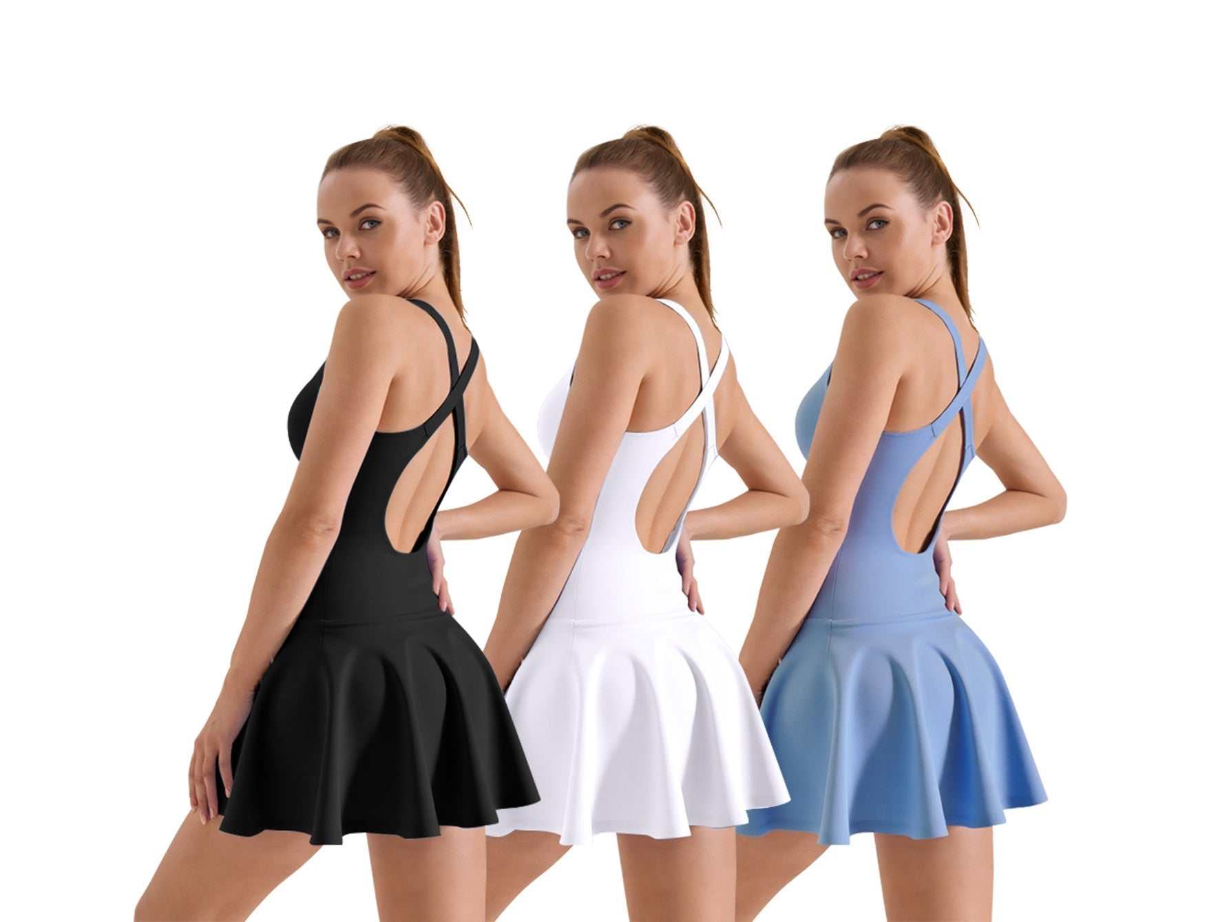 Three women wearing black, white, and blue Hoge Stretch fabric dresses with open back and flared skirts, showcasing comfort and flexibility.