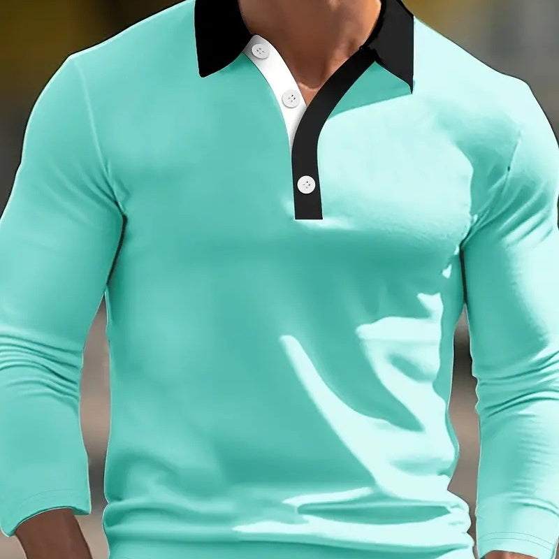 Man wearing mint green design button lange sleeve retro loose fit pullover top with black collar and white button placket