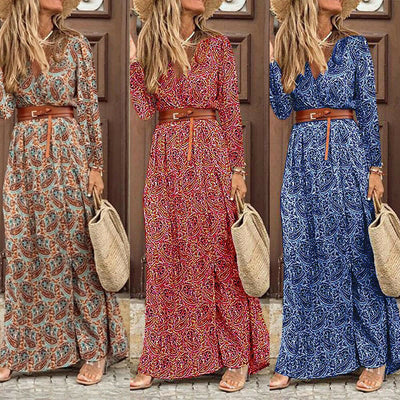 Lange mouwen V-hals Boheemse bloemenjurk Nexora Store