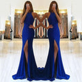 sexy blauwe lange damesjurken met hoge taille en split, elegante avondjurken met wijde rokken en hangende halslijn