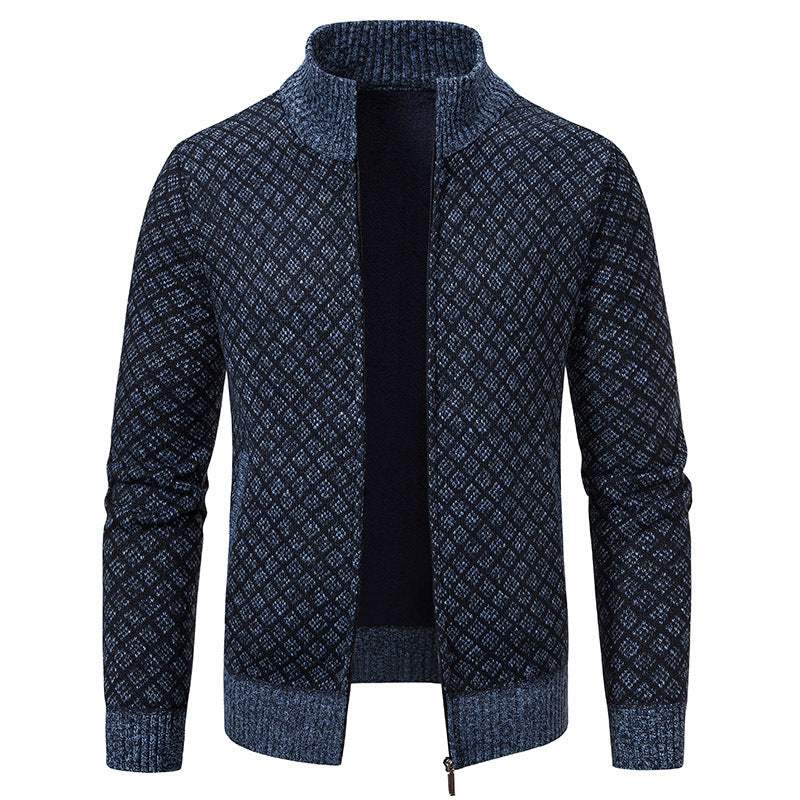 Thickened Plaid Print Jacket Cardigan Fashion Slim Fit Zipper Stand Collar Sweater Winter Men's Casual Long Sleeve Knitted Top Clothing Nexora Store