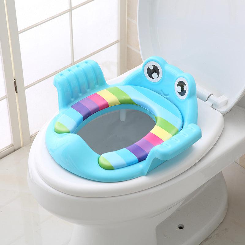 Blauw kinder toiletzitting met kleurrijke strepen en oogdesign voor baby's, veilig en comfortabel