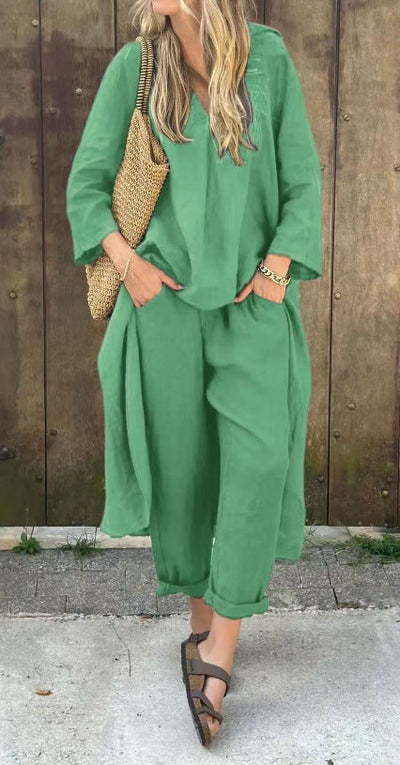 2 stuks lange mouwen pakken losse V-hals - lange top en hoge taille wijde broek met zakken Mijn winkel