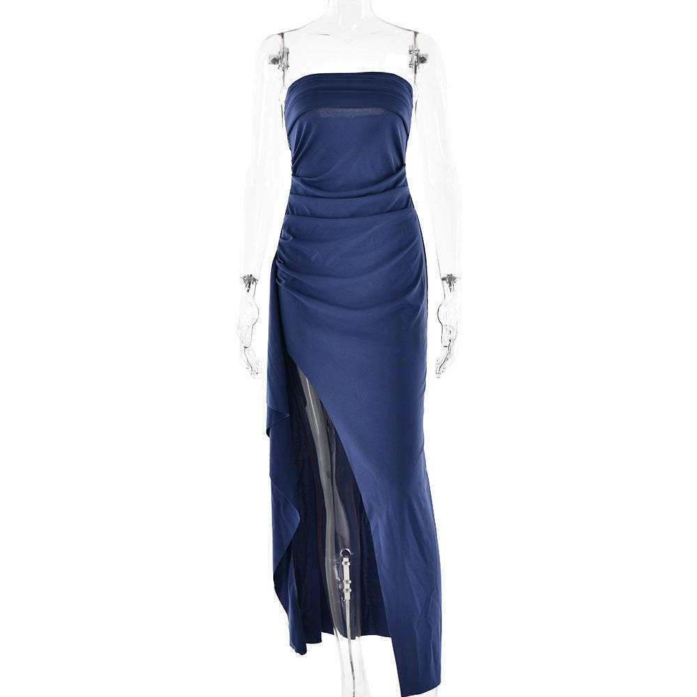 strapless split lange jurk navy blauw plooien avondjurk met hoge taille en a-lijn rok