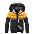 Donsjacks splitsen padded jacket with hood and fur trim in black, yellow, and beige color blocks