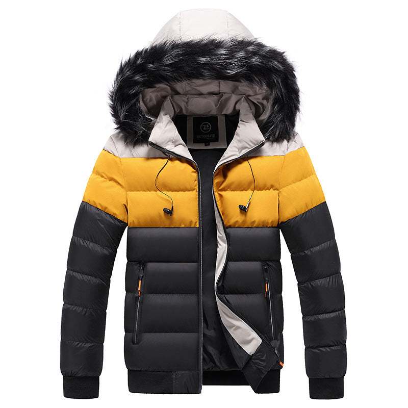 Donsjacks splitsen padded jacket with hood and fur trim in black, yellow, and beige color blocks
