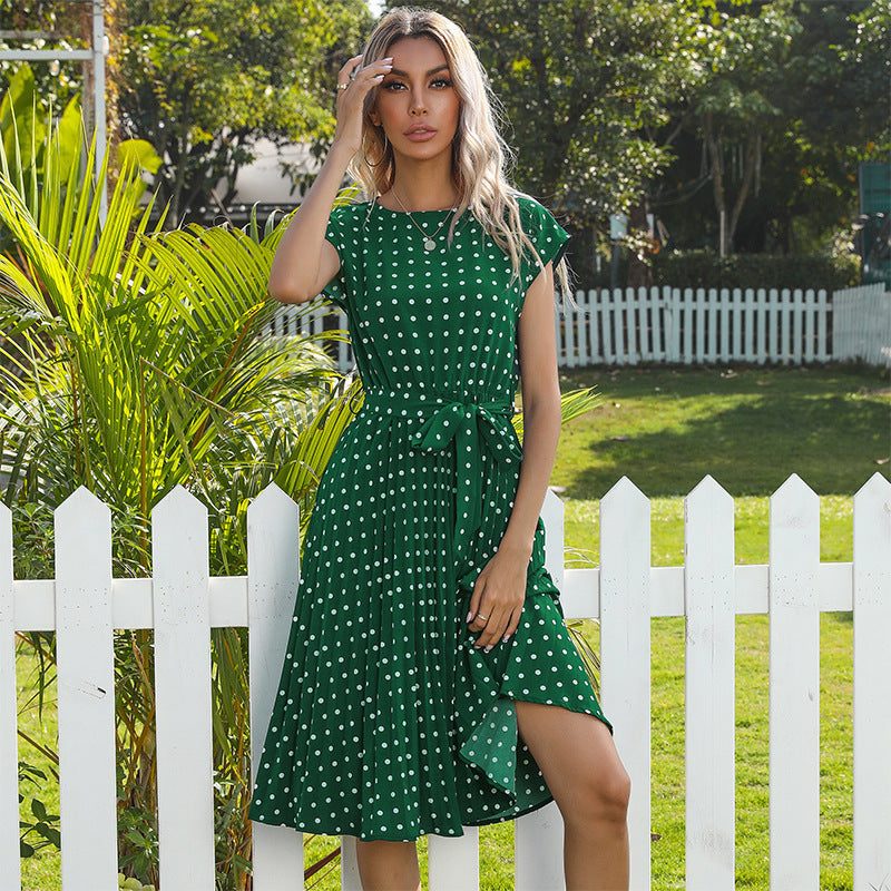 Zomer Dames Polka Dot Korte Mouw Jurk Casual Bandage Feest Geplooide Midi Jurken Elegante Groene Kantoor Dame Kleding Nexora Store
