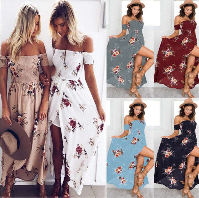 Boho-stijl lange jurk dames off-shoulder zomerjurk met bloemmotief in diverse kleuren