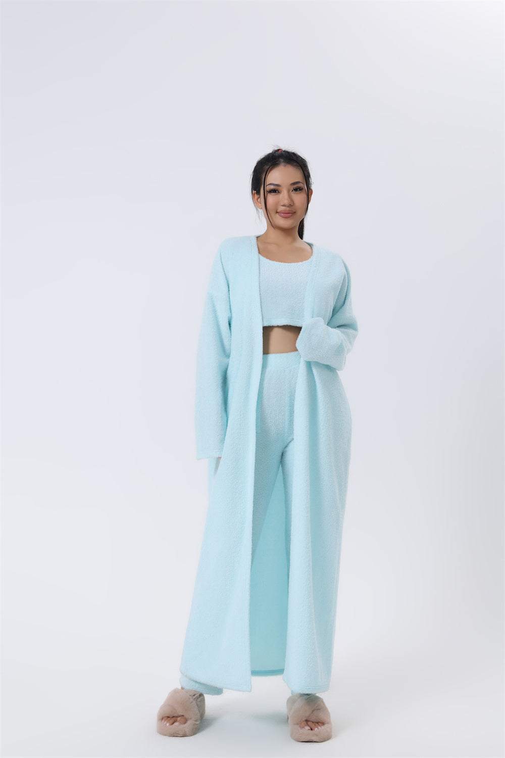 lichte blauwe 3-delige set met crop top, broek en lange cardigan van zachte katoenmengstof