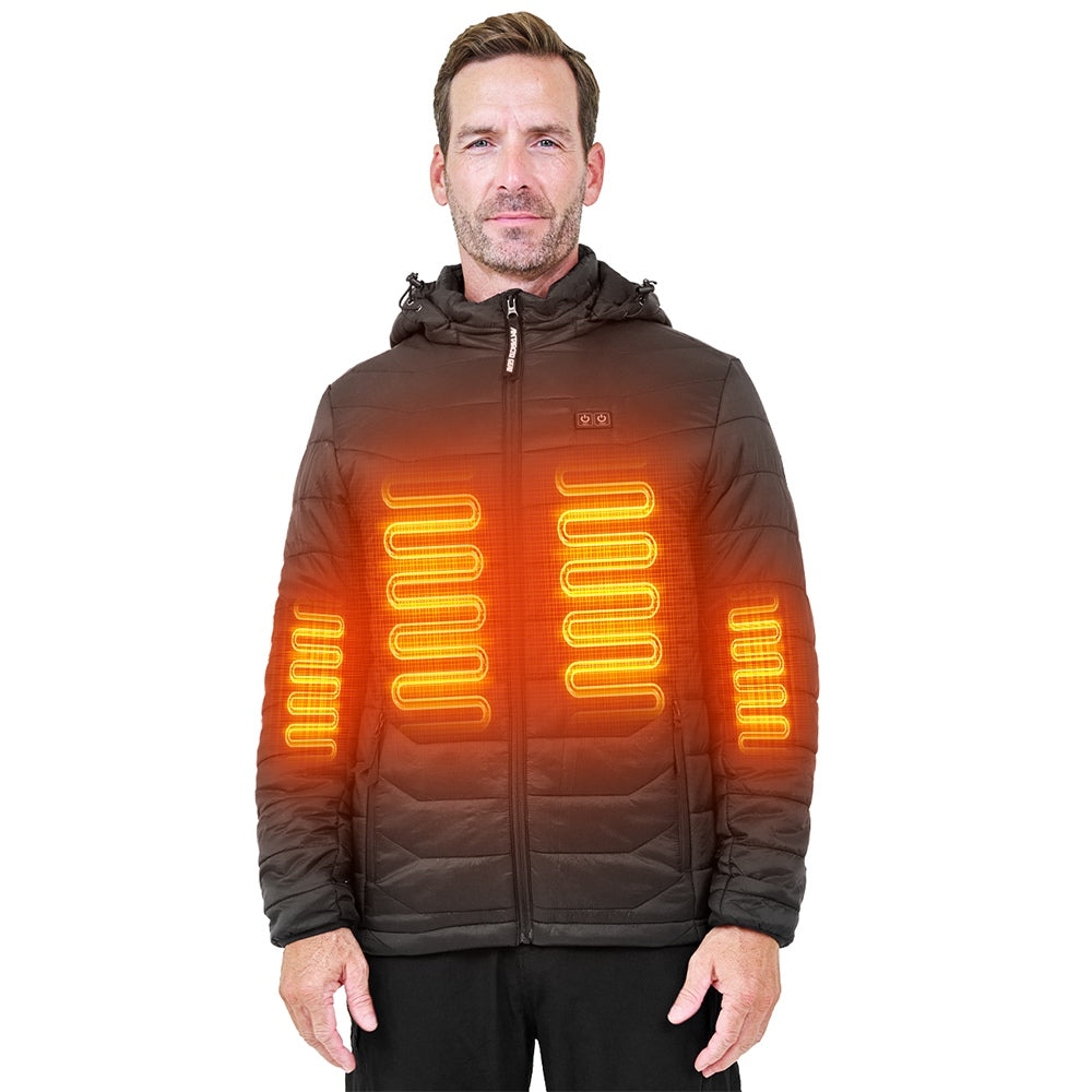Man wearing black ANTARCTICA GEAR heated jacket with highlighted carbon fiber heating elements on chest and arms