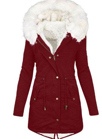 Dames katoenen jas rode winterjas met witte bontkraag en trekkoord in taille en zoom