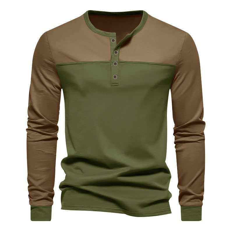 Retro Trendy Lange mouwen Kleur Matching Henry Kraag Onderkant Shirt Casual T-shirt Nexora Store