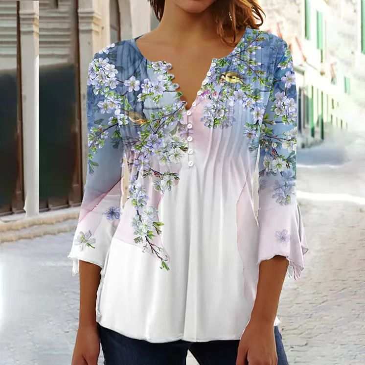 Modieus nieuw dames T-shirt met bloemenprint, V-hals, driekwartmouwen, geplooide knopen en basisshirt Nexora Store