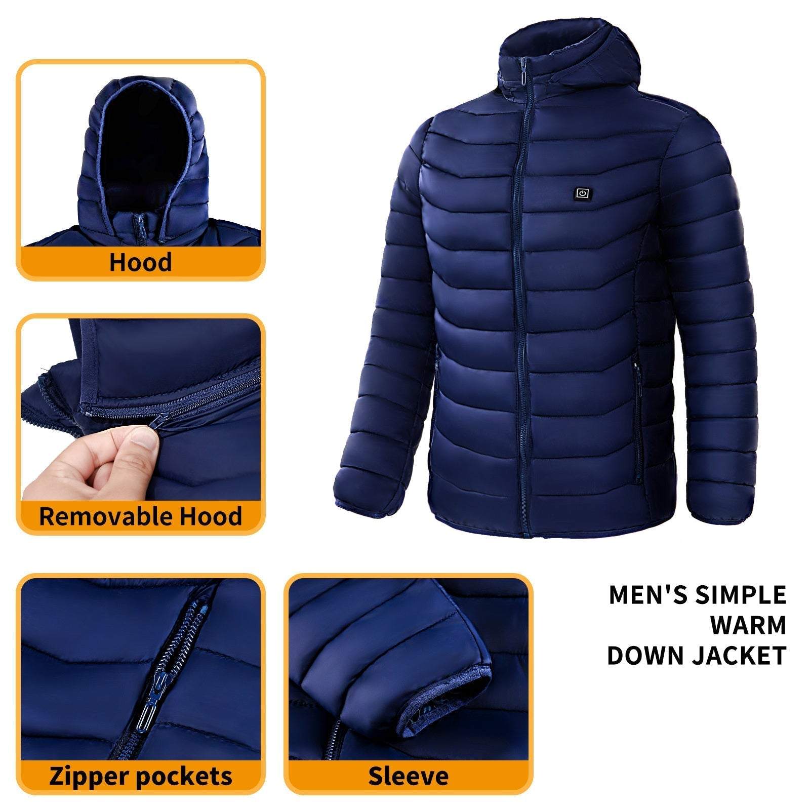 Elektrische verwarmde jas met afneembare capuchon, ritszakken en mouwen, ideaal voor skiën, blauw, unisex