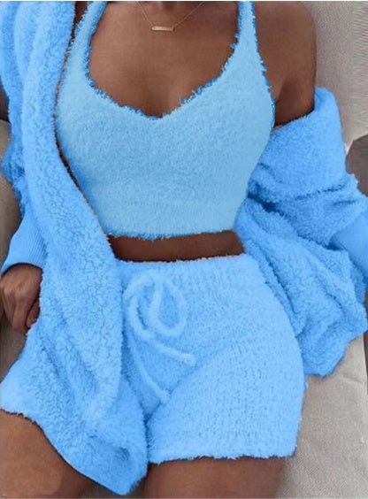 3-delige damespyjamaset met lange mouwen, tanktop en korte broek met trekkoord Nexora Store