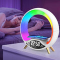 Wireless charging multifunctional Bluetooth speaker night light with colorful LED ring and digital clock display on bedside table