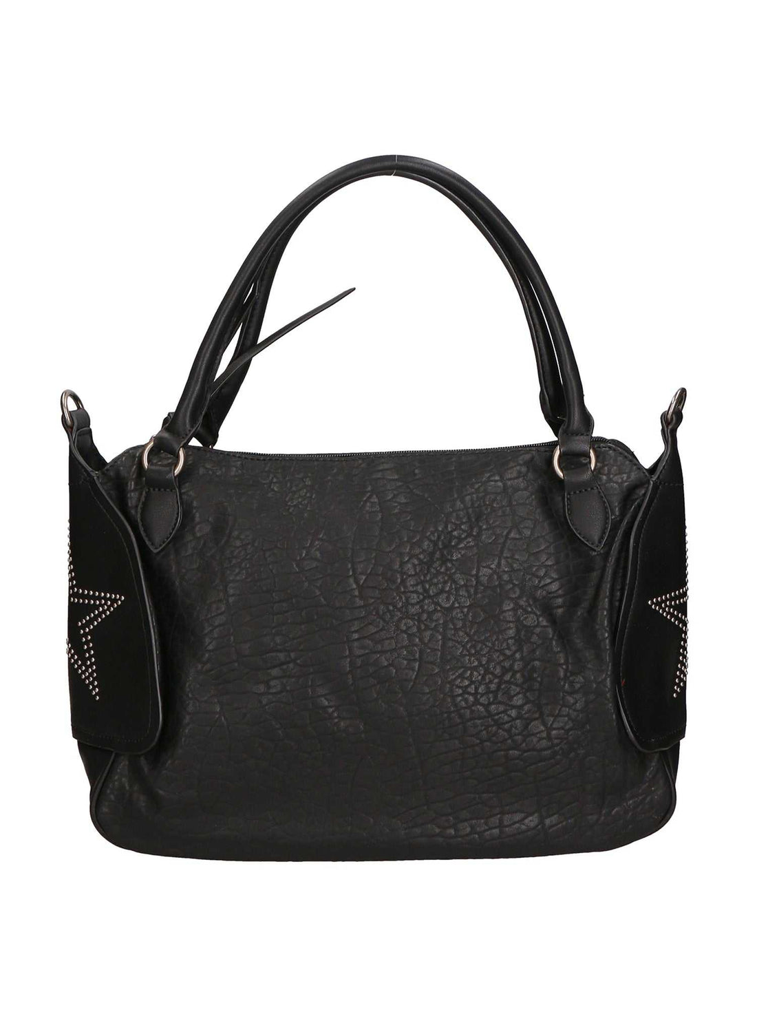 Black vegan leather handbag with double handles and central zip closure
