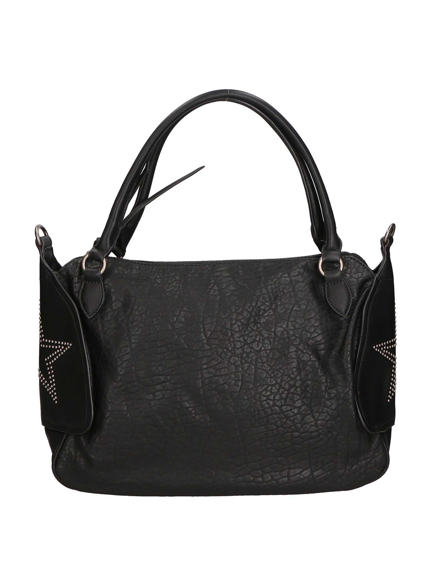 Black vegan leather handbag with double handles and central zip closure
