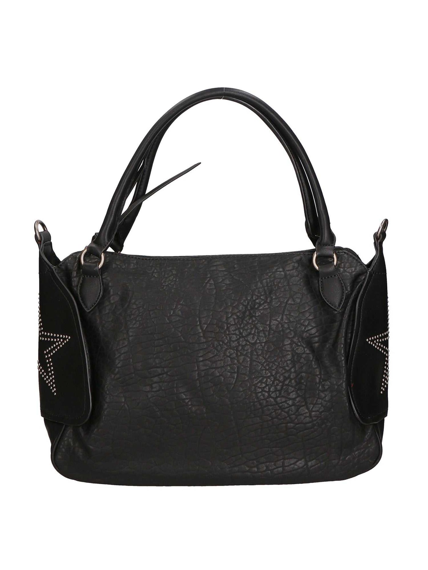 Black vegan leather handbag with double handles and central zip closure