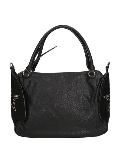 Black vegan leather handbag with double handles and central zip closure