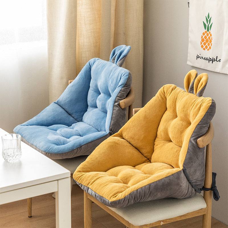 Comfortable Sedentaire rugleuning chair cushions with integrated backrest in blue and yellow plush fabric