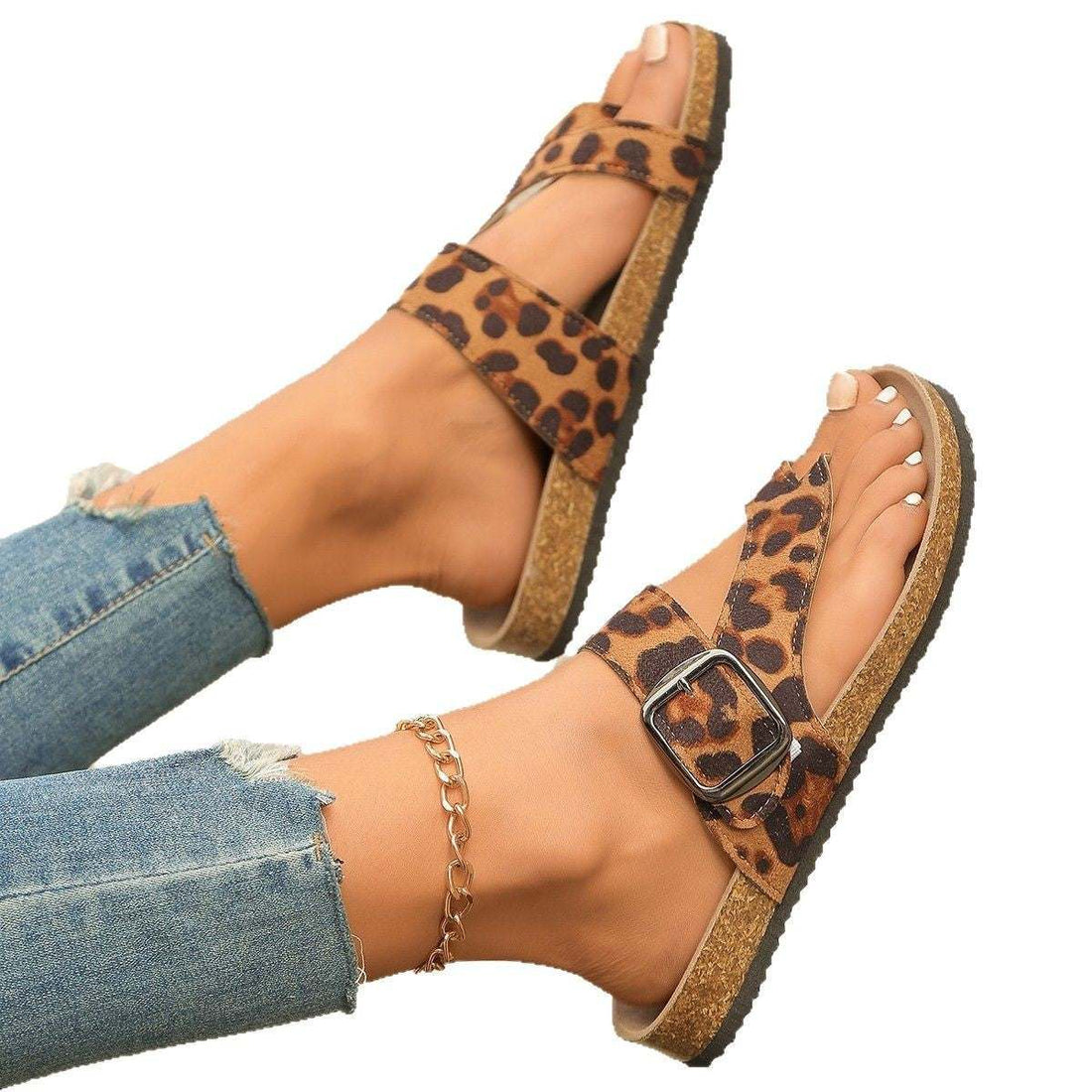 Romeinse stijl luipaardprint pantoffels met brede gespsluiting en houten zool, teenbedekkend ontwerp