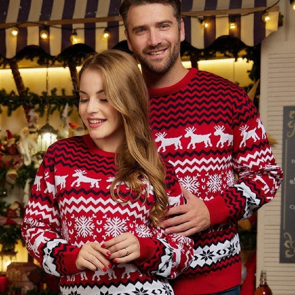 European and American sweater couple outfit with red Christmas jacquard pattern on polyester fabric