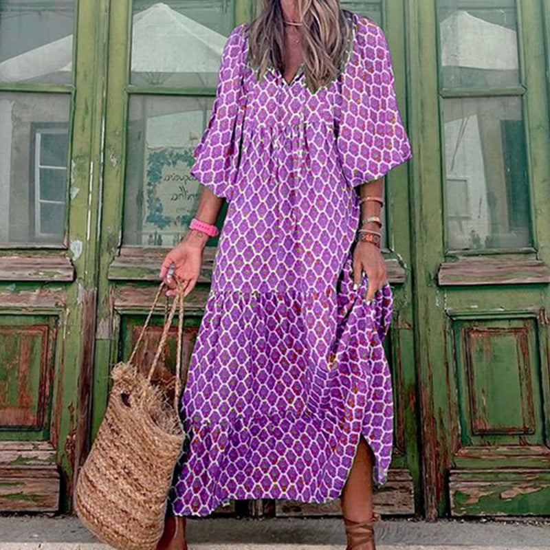 Zomerse dames vintage bedrukte bohemian jurk elegante dames casual losse V-hals korte mouwen lange jurken Nexora Store