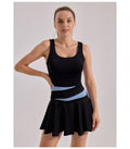woman wearing black and blue hoge stretch sleeveless dress showcasing flexibility and comfort
