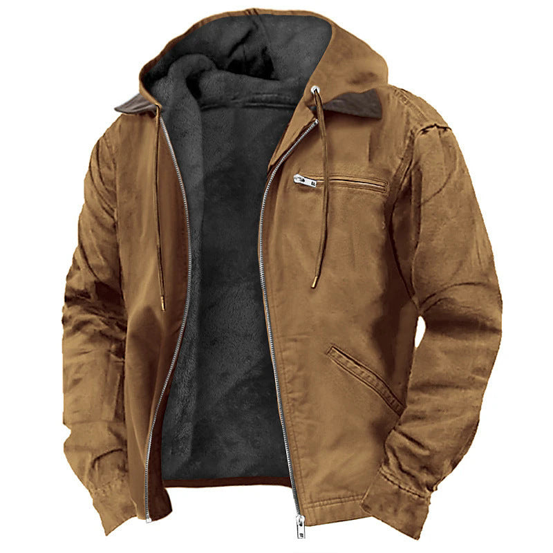 Men's winter hooded coat in camel with fleece lining and zip-up front, featuring pockets and casual style.