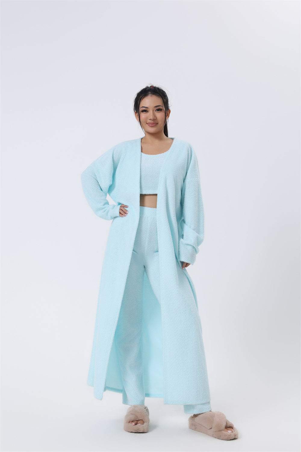 3-delige sets zacht lichtblauw lounge set met crop top, brede broek, lange cardigan en pantoffels