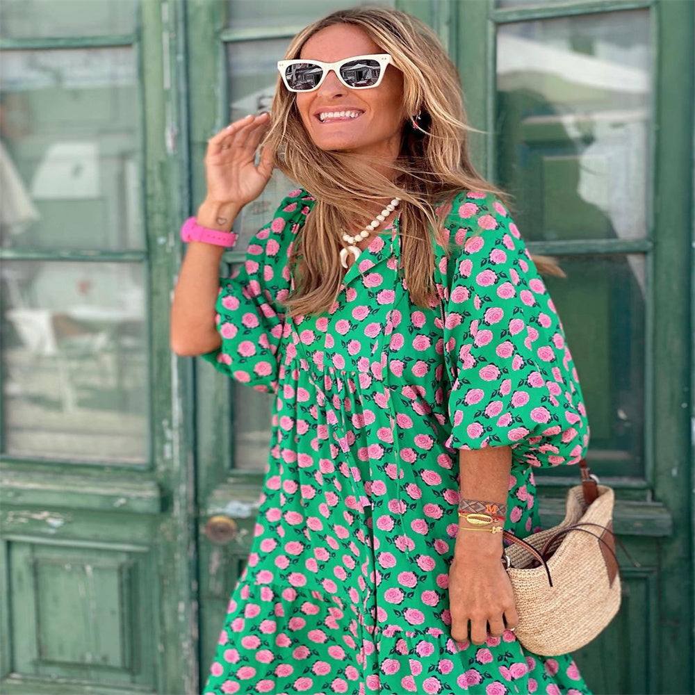 zomerse dames vintage groene jurk met bloemenmotief en pofmouwen, zomerstyle vrouwelijk comfortabele polyester jurk