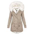 Dames katoenen jas met witte faux bontkraag en beige winterparka stijl