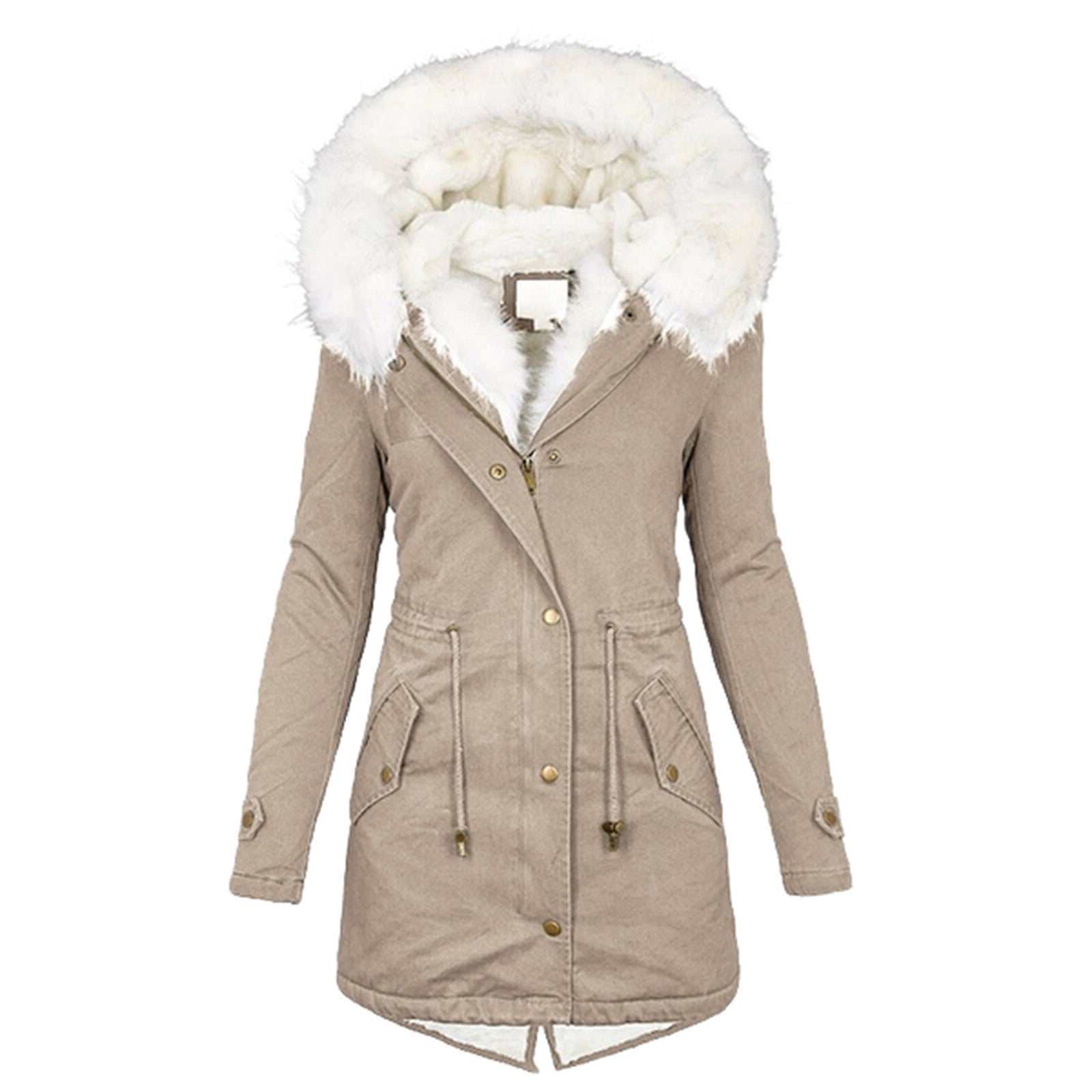Dames katoenen jas met witte faux bontkraag en beige winterparka stijl