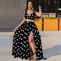 Sexy Jurken Dames zwarte polka dot lange jurk met split en gouden riem